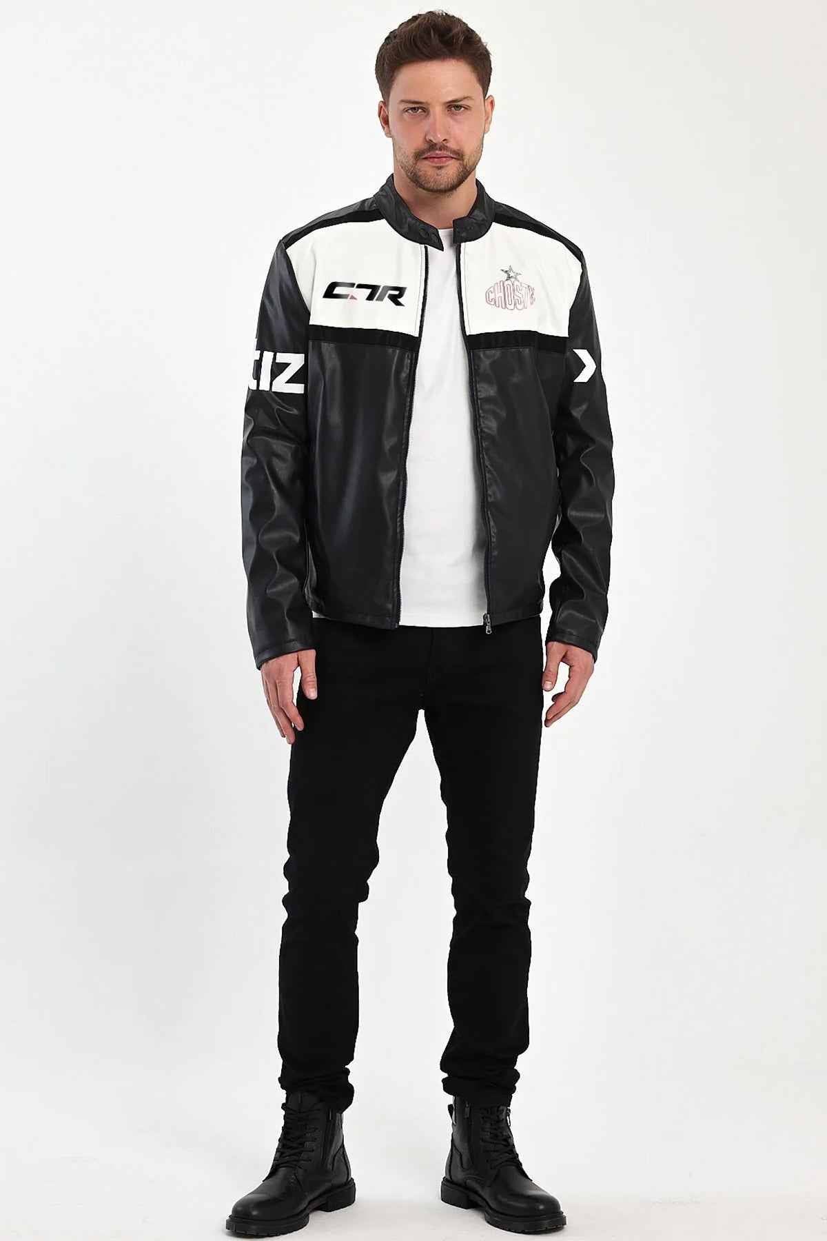 Men's biker leather jacket with white center stripe, logo accents, full-zip front