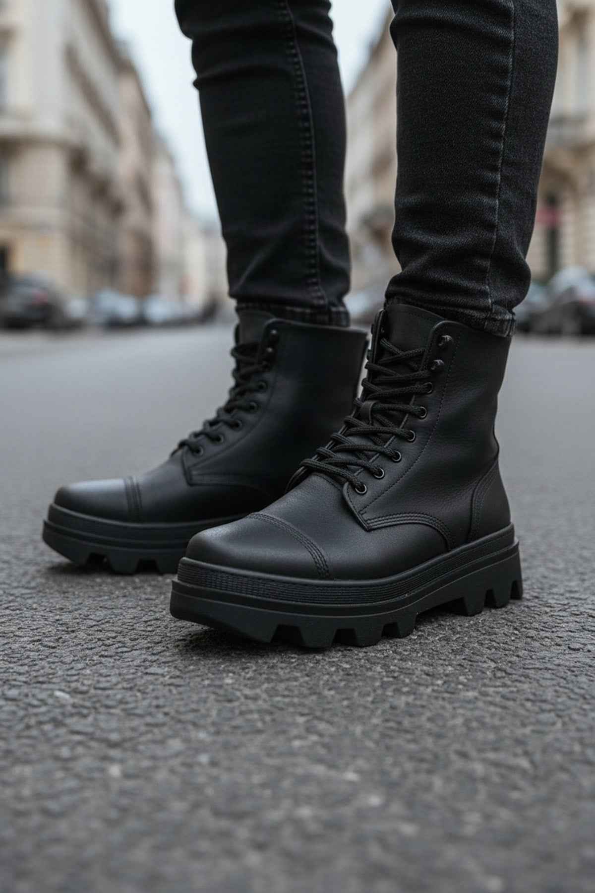 Men's black lace-up ankle boots with lug sole, thick tread and stitched panels