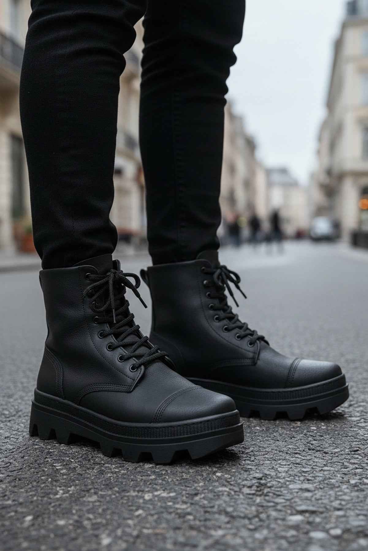Men's dark lace-up boots with round toe, thick rubber sole and visible stitching
