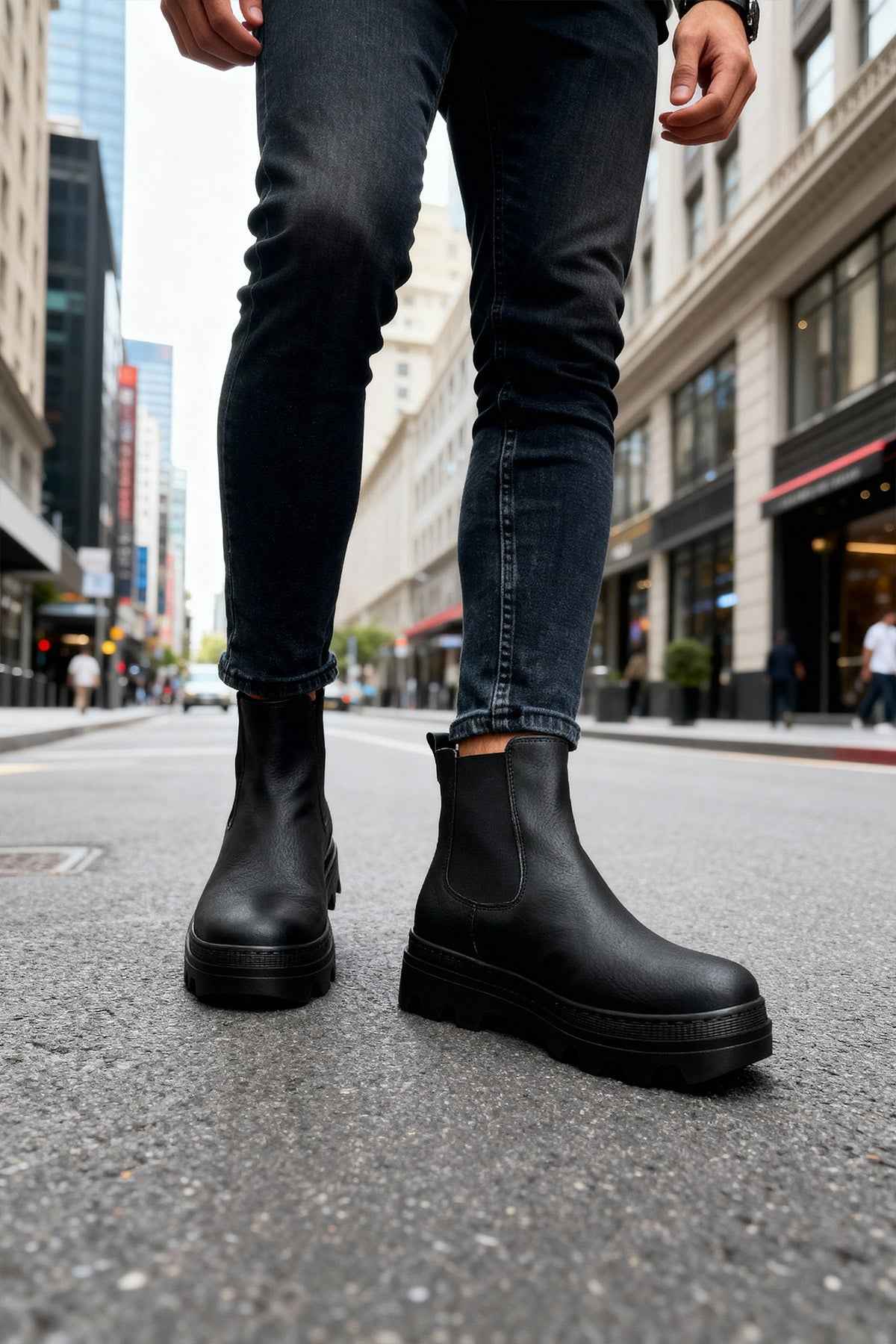 Men's black Chelsea boots, high ankle and thick platform sole