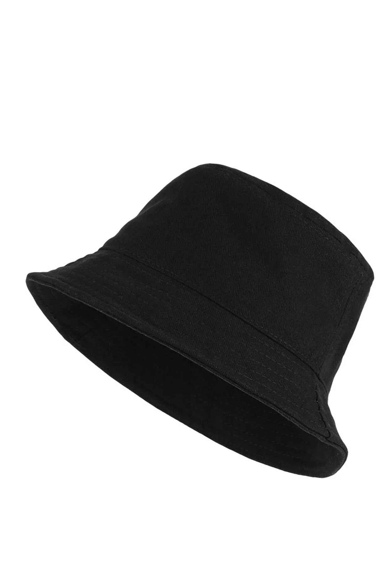 Black bucket hat with wide brim, side view.