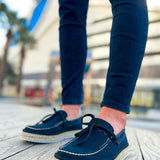 Men's espadrille shoes with dark canvas uppers, lace-up front, and jute rope sole