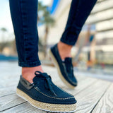 Men's espadrille shoes, dark canvas side profile with lace-up ties and jute rope sole