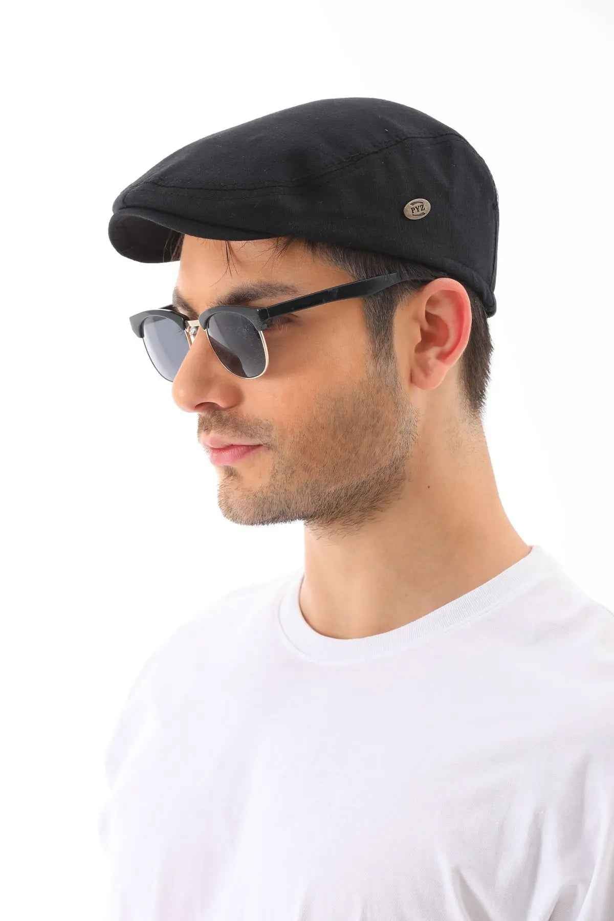 Men's black flat cap with side logo patch on brim