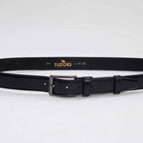 Black leather belt with rectangular silver buckle and stitched strap.