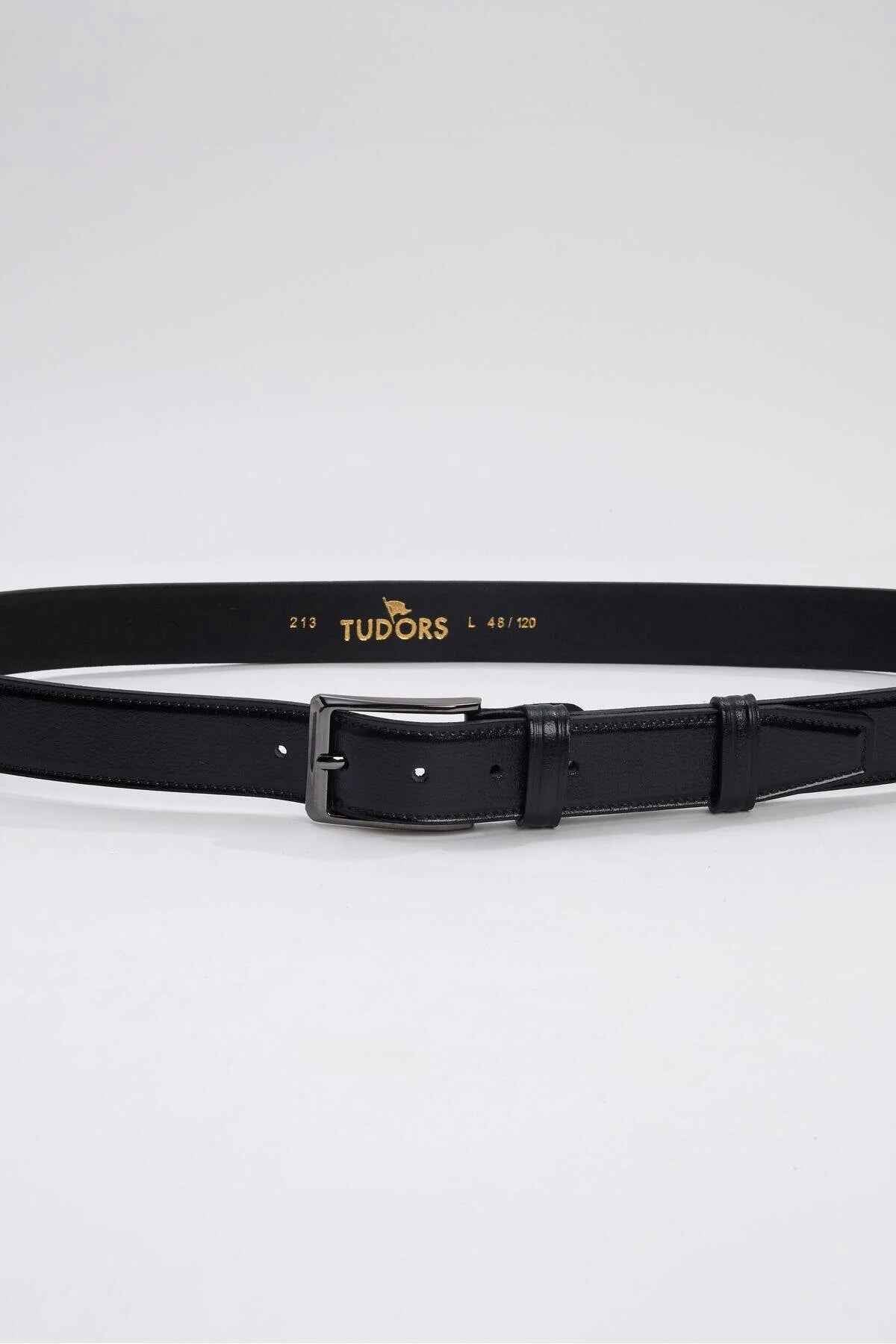 Black leather belt with rectangular silver buckle and stitched strap.