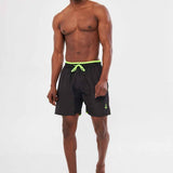 Men's black swimming shorts with neon green drawstring waistband and small side logo