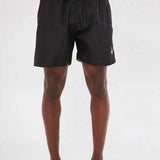 Men's black swim shorts with neon green drawstring waistband detail