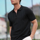 Men's black half-zip polo shirt with short sleeves, ribbed collar, and vertical stripe knit