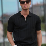 Men's black half-zip polo shirt with ribbed polo collar and vertical stripe pattern