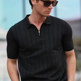 Men's black half-zip knit polo shirt with short sleeves and stand collar zip