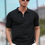 Men's black half-zip polo shirt with vertical stripe knit and short-sleeve polo collar