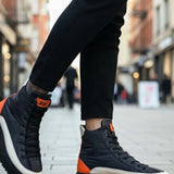Men's high-top lace-up boots, dark navy with orange side stripes and white rubber toe