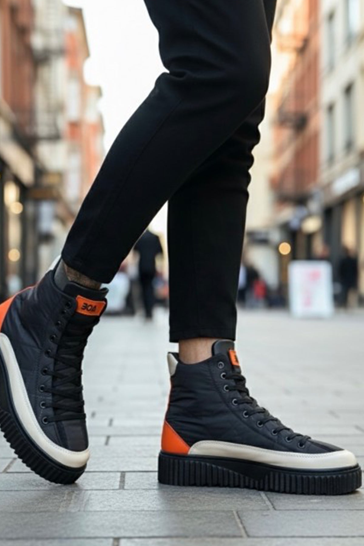 Men's high-top lace-up boots, dark navy with orange side stripes and white rubber toe