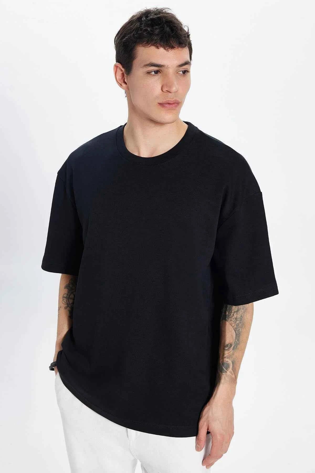 Men's oversize black crew-neck T-shirt, front view with draped short sleeves