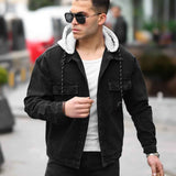 Men's black oversized denim jacket with sherpa-lined collar and button front
