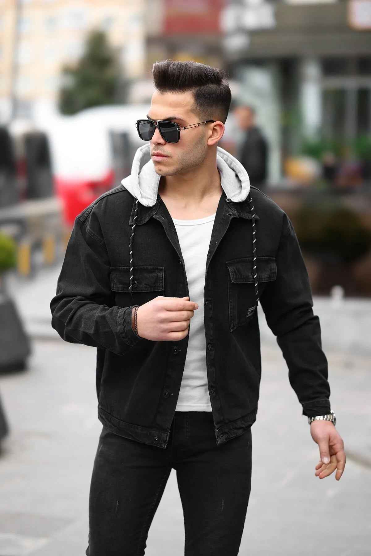 Men's black oversized denim jacket with sherpa-lined collar and button front
