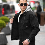 Men's black denim jacket with large chest pocket, sherpa collar, button front