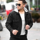 Men's black oversized denim jacket with sherpa collar and flap chest pockets