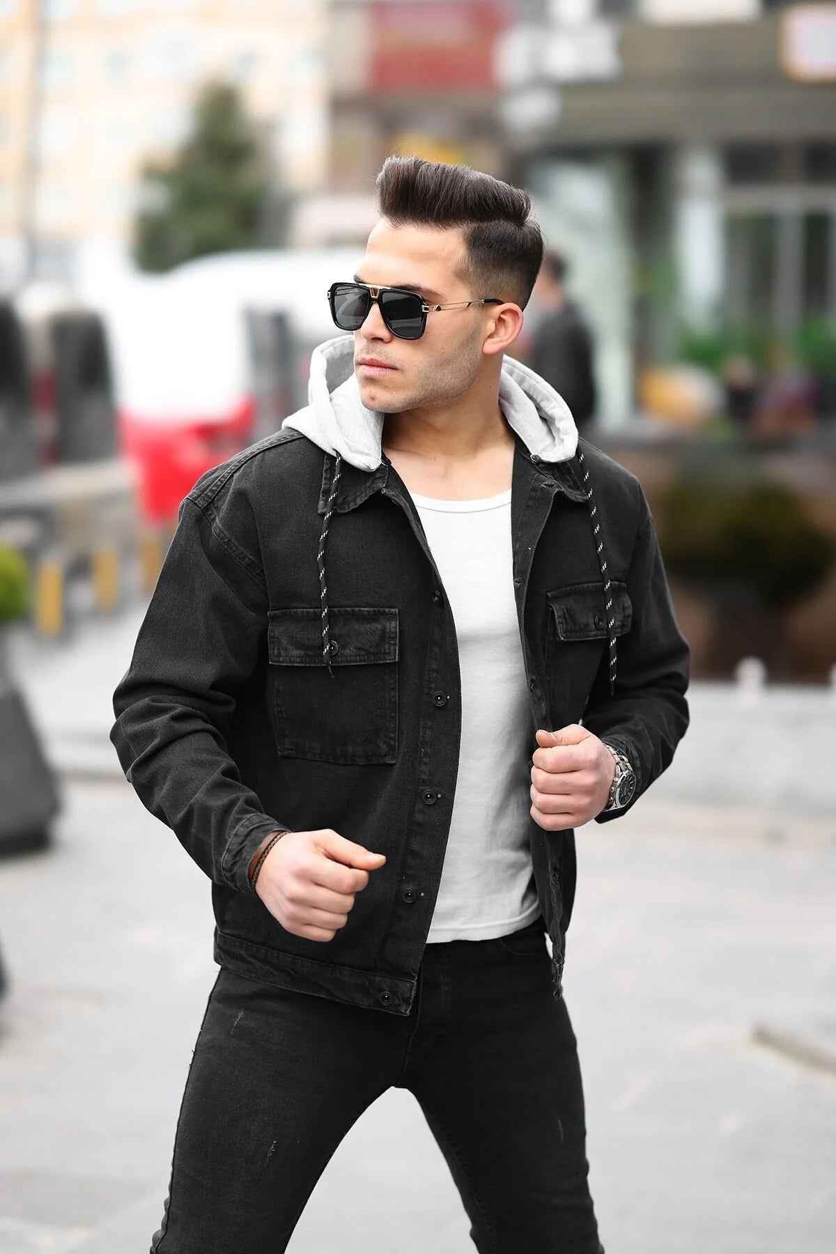 Men's black oversized denim jacket with sherpa collar and flap chest pockets
