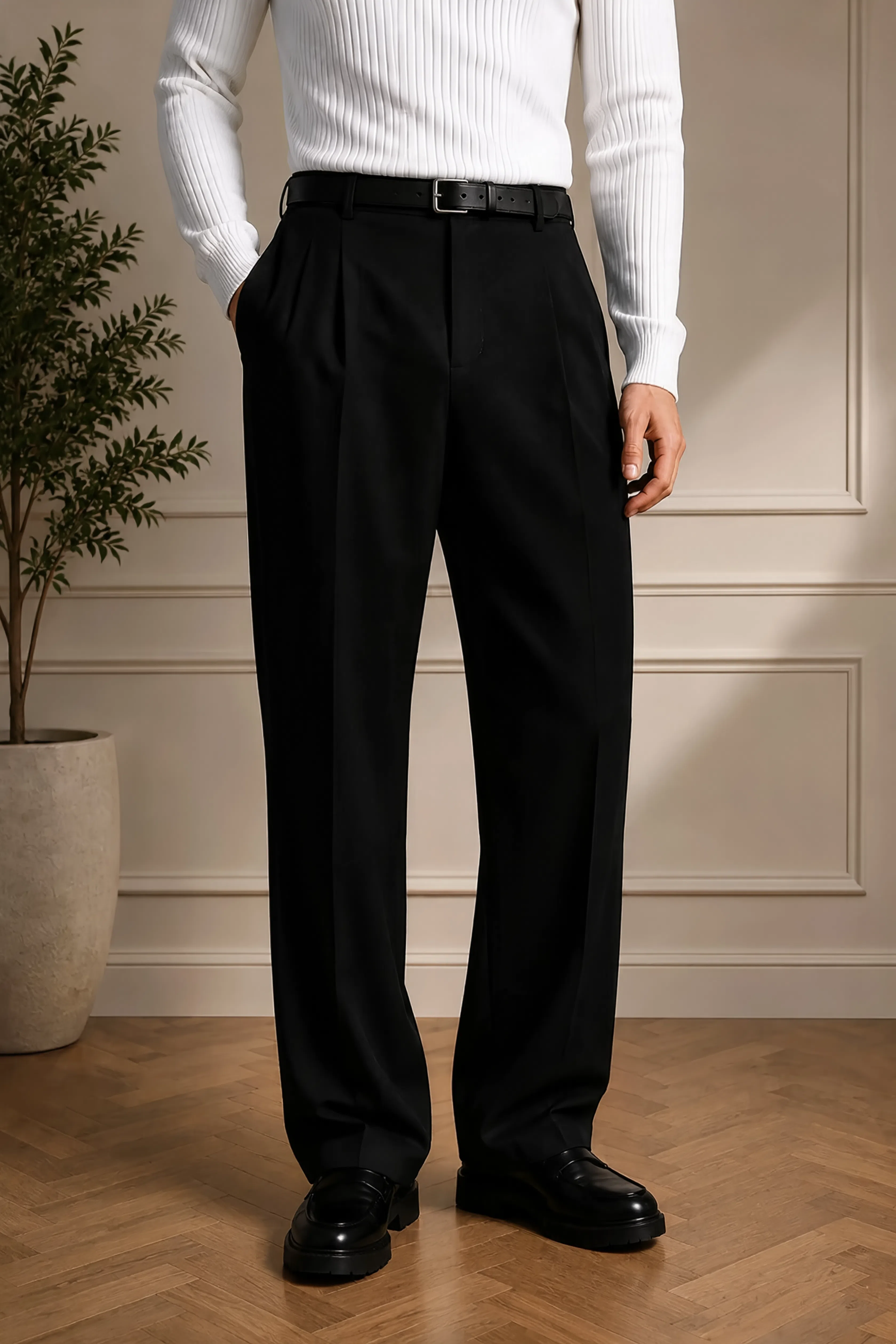 Men's black dress pants with belt loops, pleated front, and straight leg