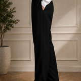 Men's black dress pants, side view, with belt loops and straight leg