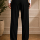 Men's black dress pants, front view, button waistband and straight leg