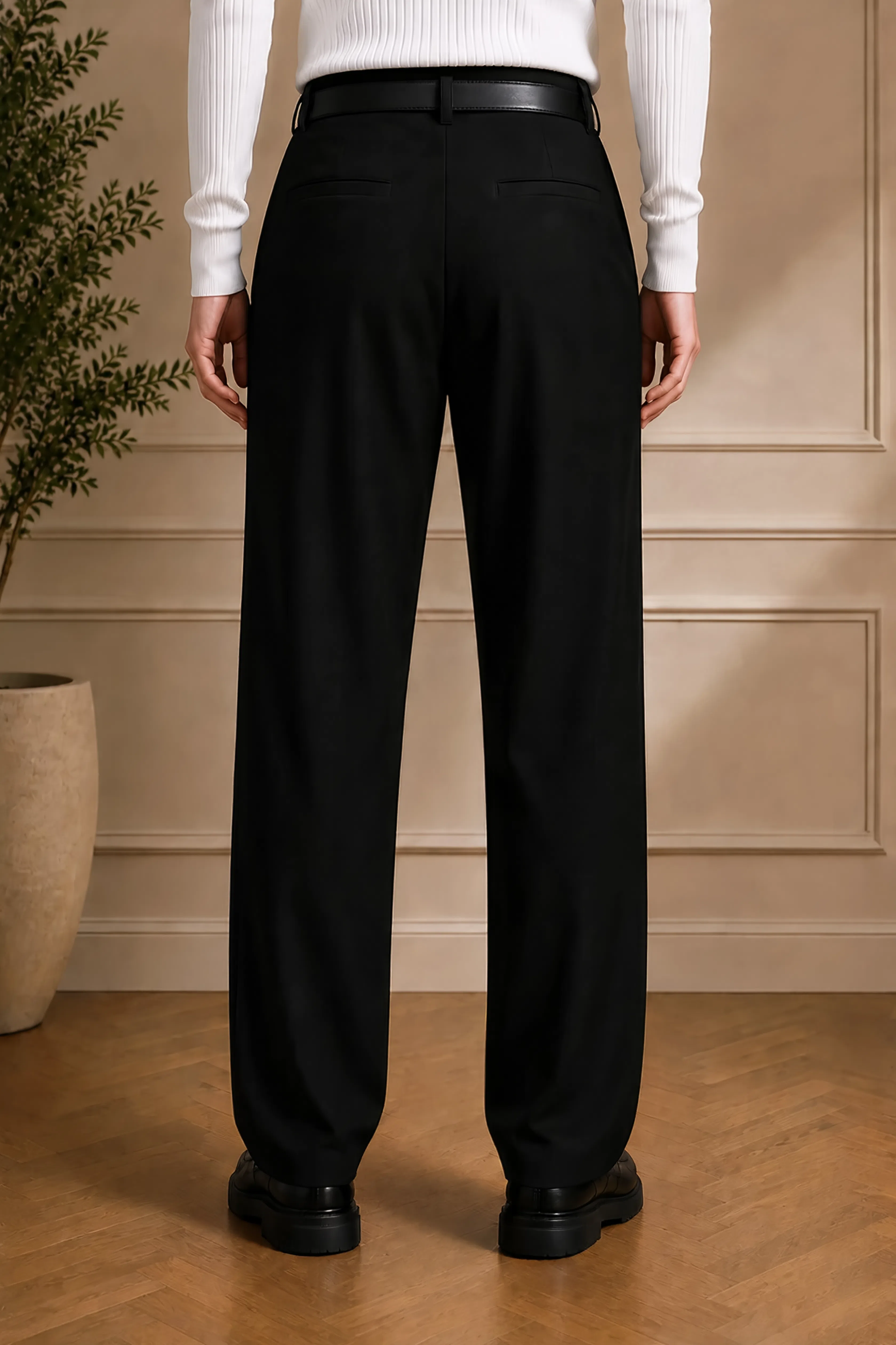 Men's black dress pants, front view, button waistband and straight leg
