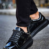 Apollo men's black patent leather sneakers with lace-up front and rubber sole