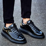 Apollo men's black patent leather sneakers, front three-quarter view, thick sole