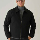 Men's black zip-up jacket with stand collar and straight hem