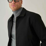 Men's black jacket close-up with stand collar and zip front
