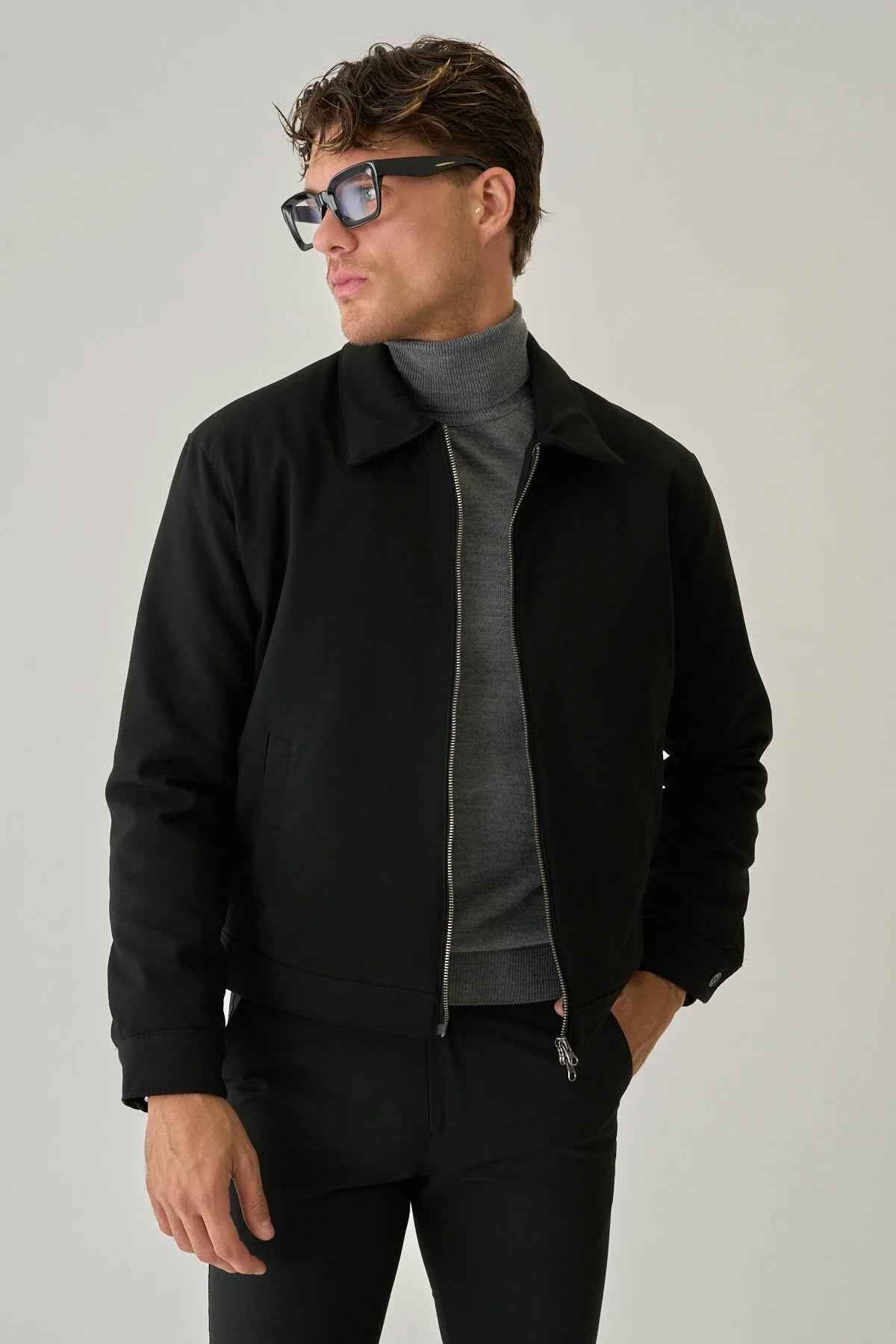 Bossago men's black regular fit jacket with zip front and stand collar