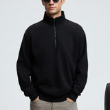 Men's black relaxed zip stand-collar sweatshirt with long sleeves