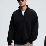 Men's black zip stand-collar sweatshirt with relaxed fit and kangaroo pocket