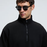 Black zip stand-collar sweatshirt with half-zip front detail
