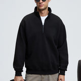 Black zip stand-collar sweatshirt with ribbed hem and relaxed fit