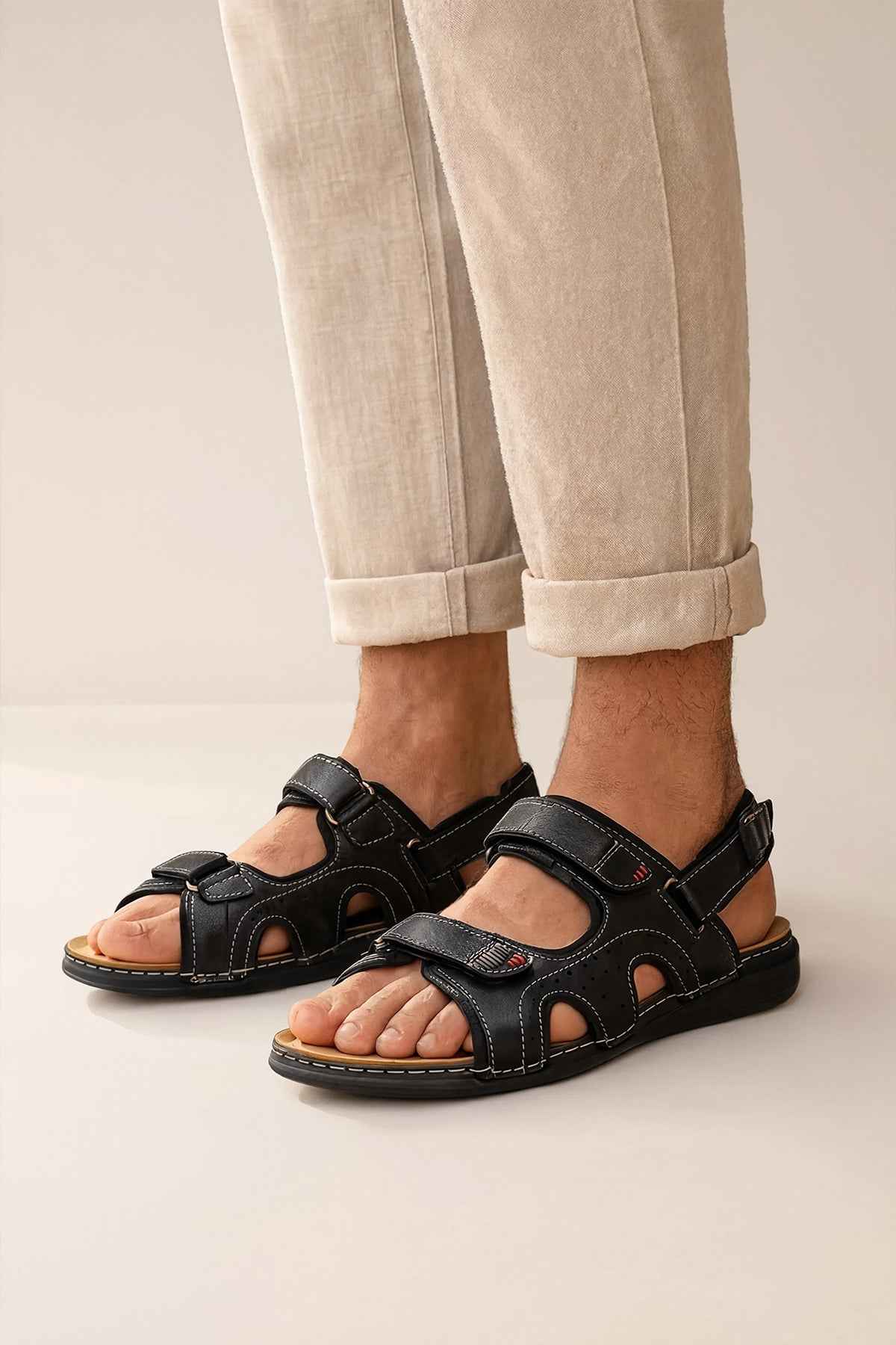 Men's black sandals with two adjustable straps and open toe, GZR