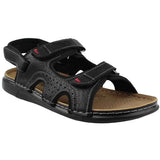 Black slide sandals with textured upper, side cutouts, and double hook-and-loop straps