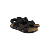 Men's black sandals with three straps, cushioned footbed and textured tread sole