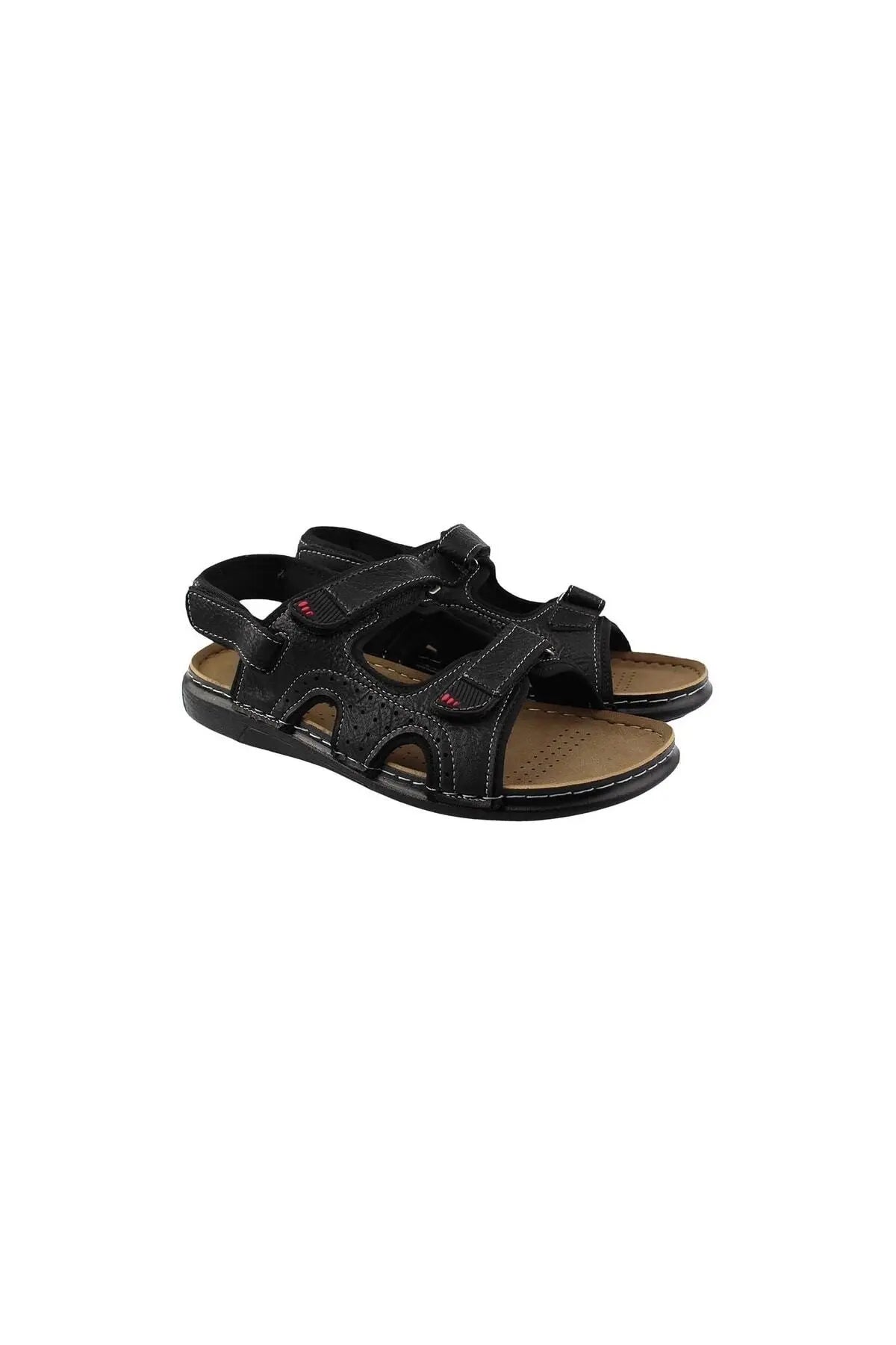 Men's black sandals with three straps, cushioned footbed and textured tread sole