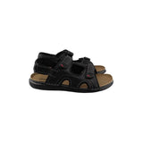 Men's black sandals with dual hook-and-loop straps and light tan footbed