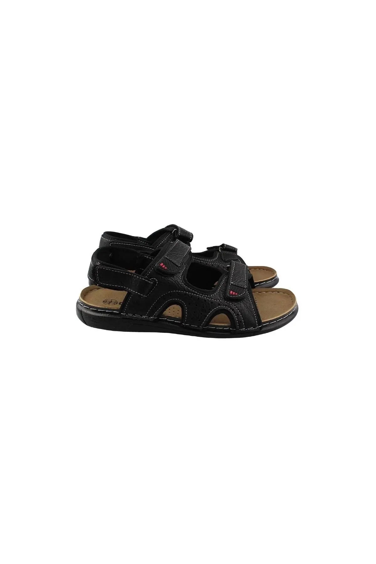 Men's black sandals with dual hook-and-loop straps and light tan footbed