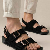 Men's black sandals with two adjustable buckle straps and open toe