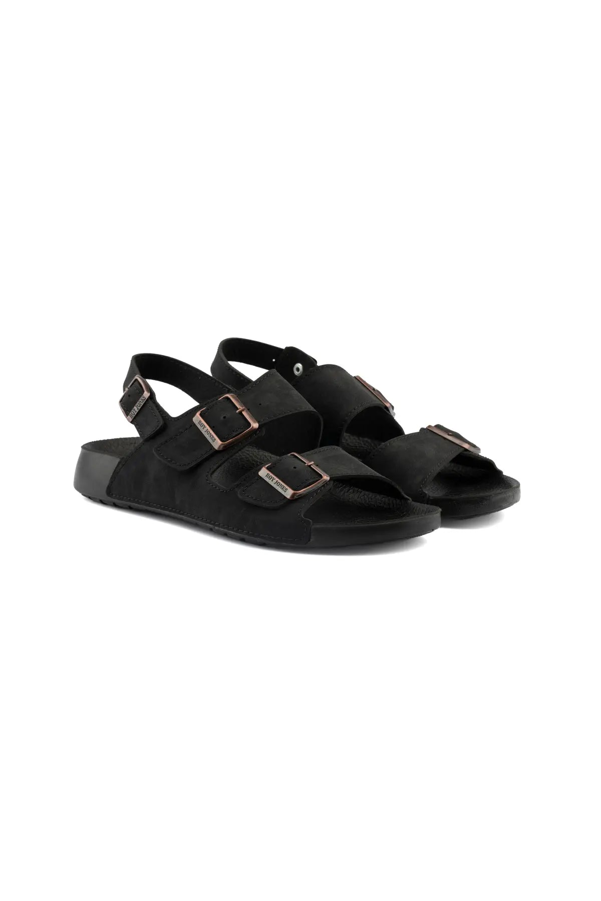 Men's black RJ sandals with double buckles and wide open toe strap