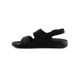 Men's black sandals with single strap and adjustable buckle, open toe