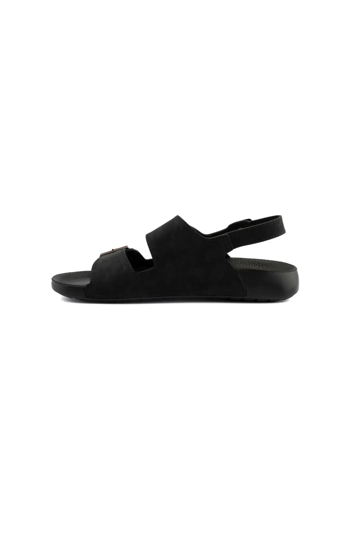Men's black sandals with single strap and adjustable buckle, open toe