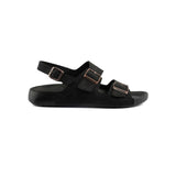 Men's black sandals with two buckled straps, open toe, flat sole