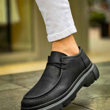 Men's black lace-up shoes with thick tread sole, close-up side view