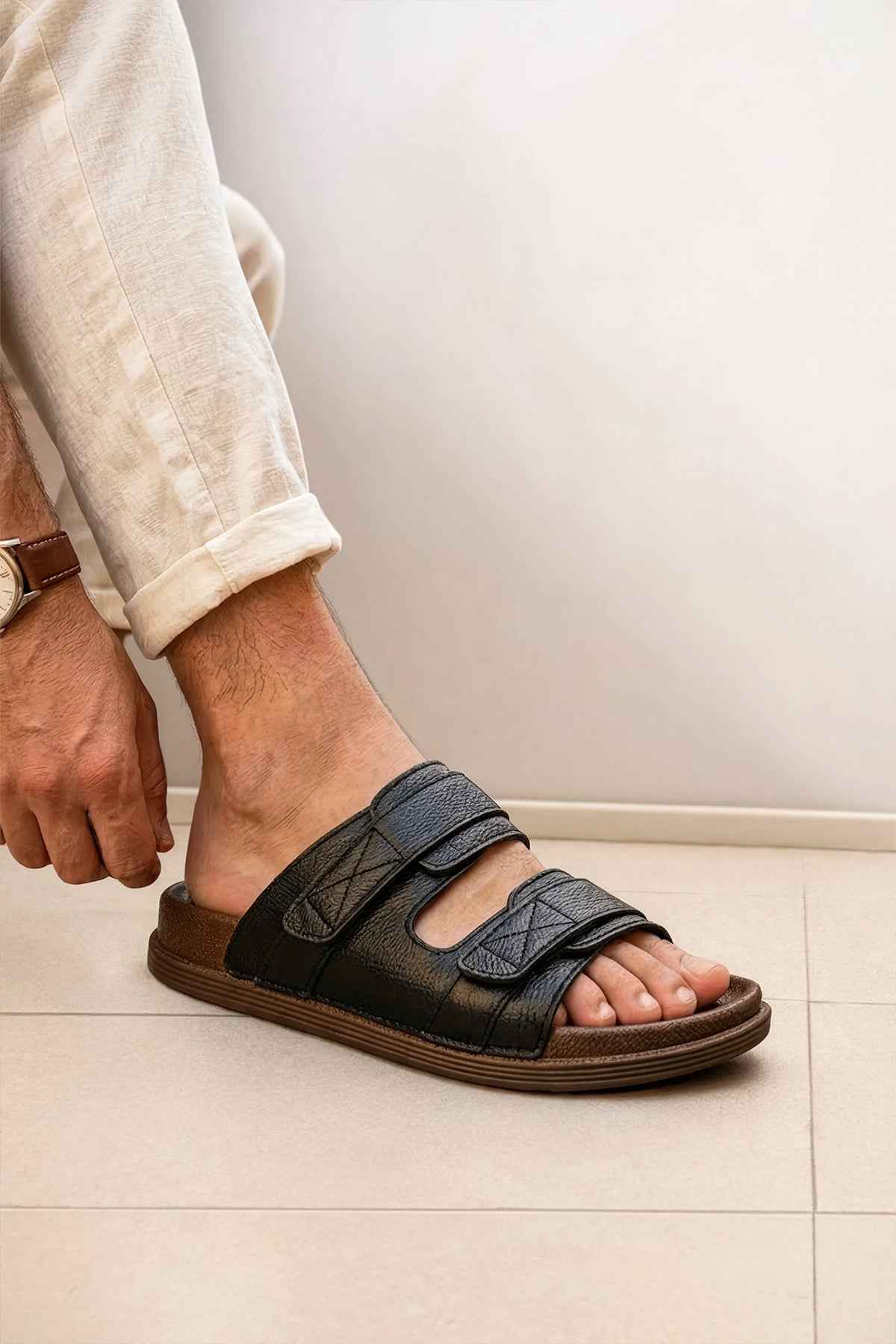 Men's black RX slide sandals, two-cross strap over foot with textured sole